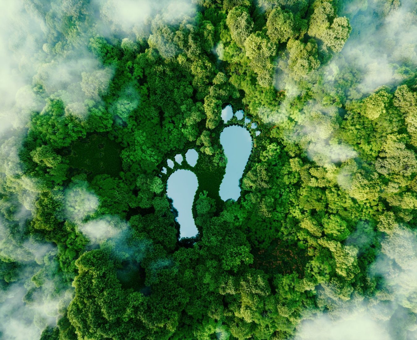 A lake in the shape of human footprints in the middle of a lush A lake in the shape of human footprints in the middle of a lush forest as a metaphor for the impact of human activity on the landscape and nature in general. 3d rendering.